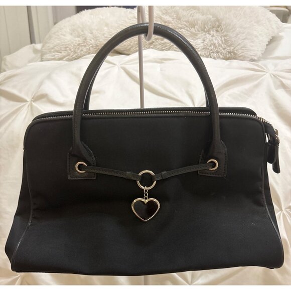 Franco Sarto Black Nylon & Leather Handbag With Heart Charm Accent vintage - Picture 1 of 13